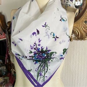 NWT 100% Silk Echo Scarf, Blue and Purple Lavender Flowers on White, 31”…